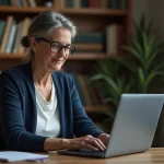 Femme enseignante accédant à sa messagerie académique Strasbourg depuis son bureau à domicile sur un ordinateur portable