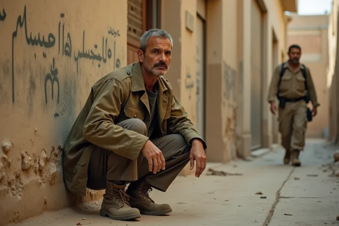 Acteur en costume de terrain dans une ruelle urbaine style Moyen-Orient, tournage Homeland