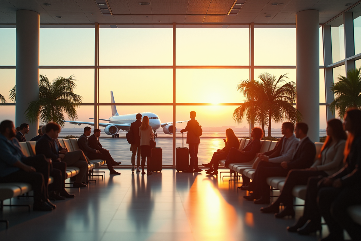 Salle d attente a l aeroport avec passagers et avion en depart