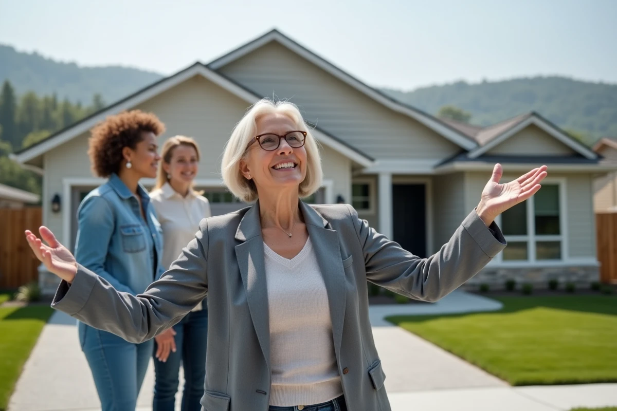 Agent immobilier expliquant une maison à une famille devant une maison neuve