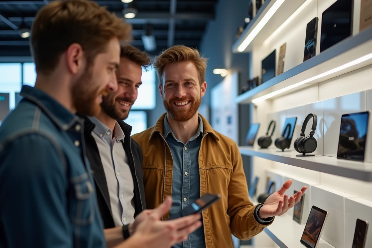 Trois amis discutent de smartphones dans magasin tech