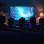 Groupe d'amis sur un canapé regardant la télévision