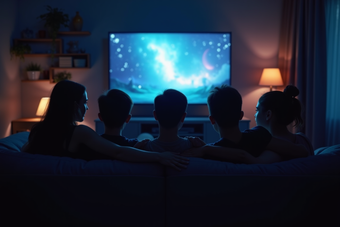 Groupe d'amis sur un canapé regardant la télévision