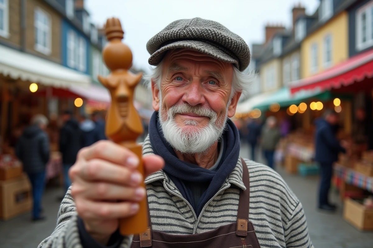 Artisan breton montrant une sculpture en bois au marche