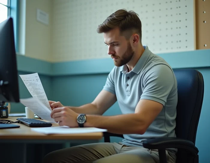Assistant d'éducation consultant des fiches de salaire à son bureau dans un collège, illustration de la rémunération AED