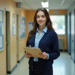 Assistante d'éducation en collège tenant un registre dans un couloir scolaire, illustration du métier d'AED