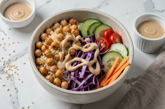 Buddha bowl au quinoa avec pois chiches rôtis dorés et légumes croquants variés
