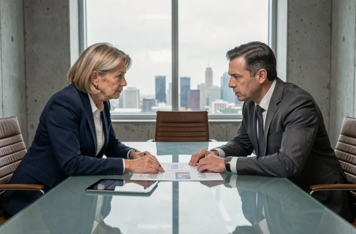 Deux cadres dirigeants discutant de prévisions économiques autour d'une table de conférence en verre dans une salle de réunion moderne
