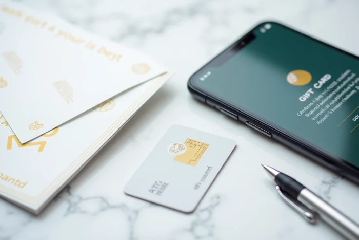 Vue de dessus d'un chèque Kadéos Infini, d'une carte cadeau et d'un smartphone montrant la confirmation d'activation
