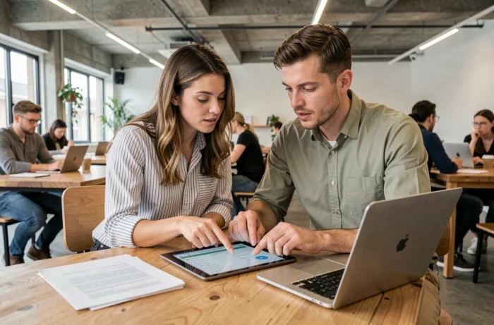 Deux collègues collaborant sur des outils bureautiques numériques dans un espace de co-working moderne