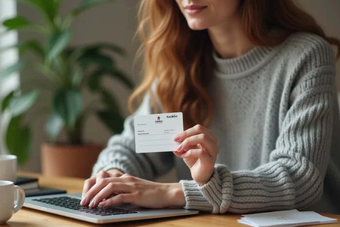 Femme convertissant un chèque Kadéos Infini en carte cadeau sur son ordinateur portable à la maison