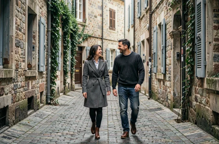 Couple marchant et riant dans une ruelle pavée d'un quartier européen historique, moment naturel et spontané capté sur le vif