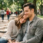 Couple complice assis sur un banc en bois dans un parc urbain, partageant un moment intime et discret au quotidien