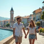Jeune couple souriant sur la promenade d'Izmir