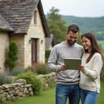 Jeune couple souriant devant une maison en HauteLoire