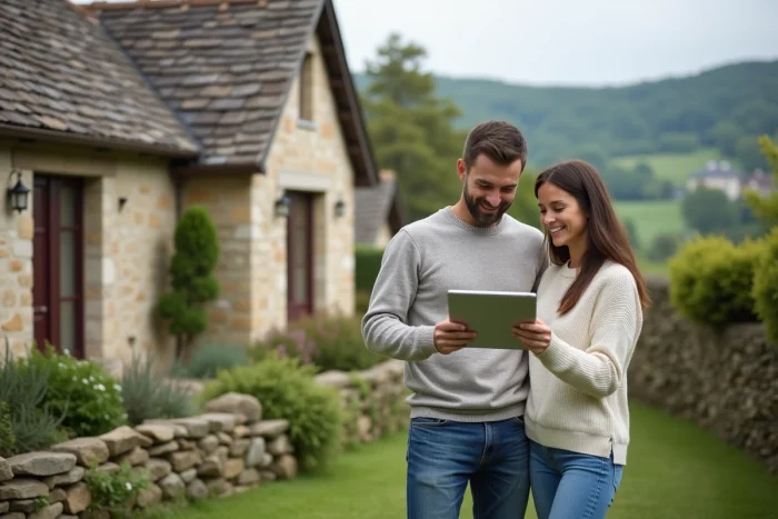 Jeune couple souriant devant une maison en HauteLoire