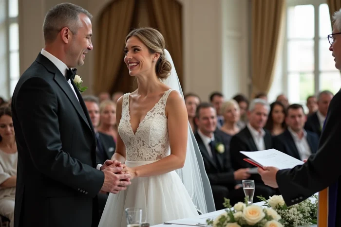Couple de mariés écoutant le discours du maire lors de leur cérémonie de mariage civil dans une salle municipale fleurie