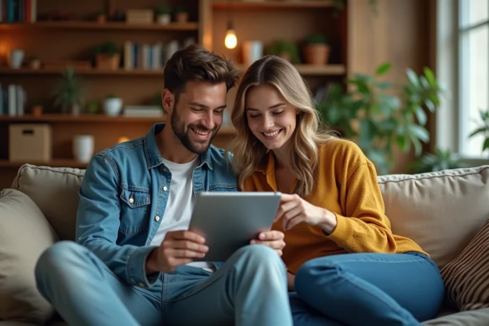 Couple cherchant des meubles d'occasion sur une tablette via des petites annonces classées en ligne