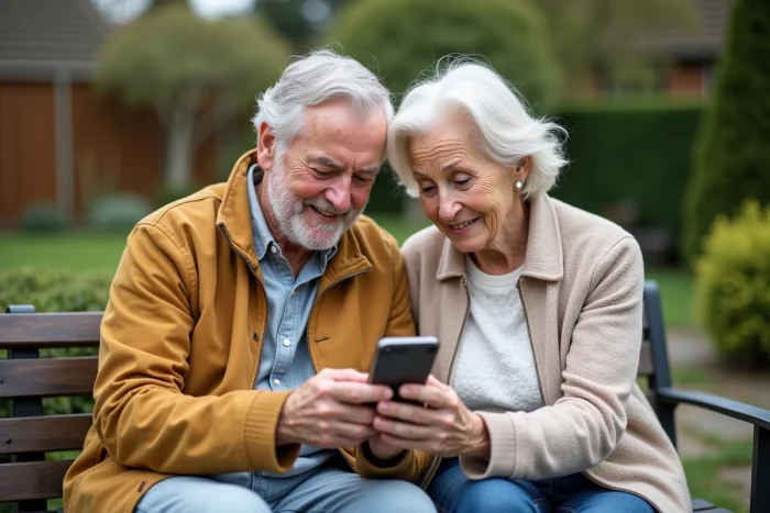 Couple de seniors consultant WhatsApp ensemble sur un téléphone Doro dans le jardin
