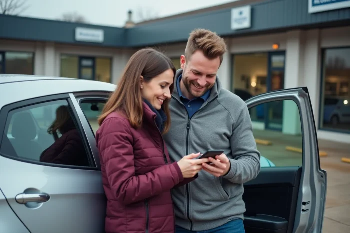 Couple vérifiant le tarif de la carte grise Norauto sur smartphone devant leur voiture dans un parking de centre auto