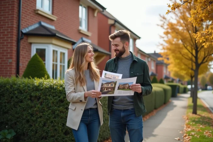 Couple évaluant une propriété résidentielle en banlieue lors d'une visite immobilière dans le cadre d'un premier investissement