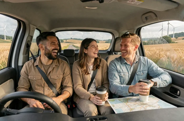 Groupe d'adultes pratiquant le covoiturage en voiture électrique à travers la campagne, solution de transport éco-responsable et durable