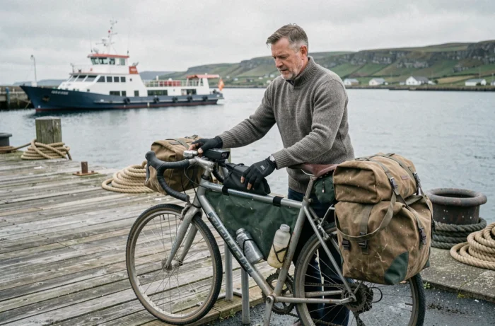 Cycliste attachant son vélo de voyage à un terminal de ferry côtier pour un voyage éco-responsable combinant vélo et bateau