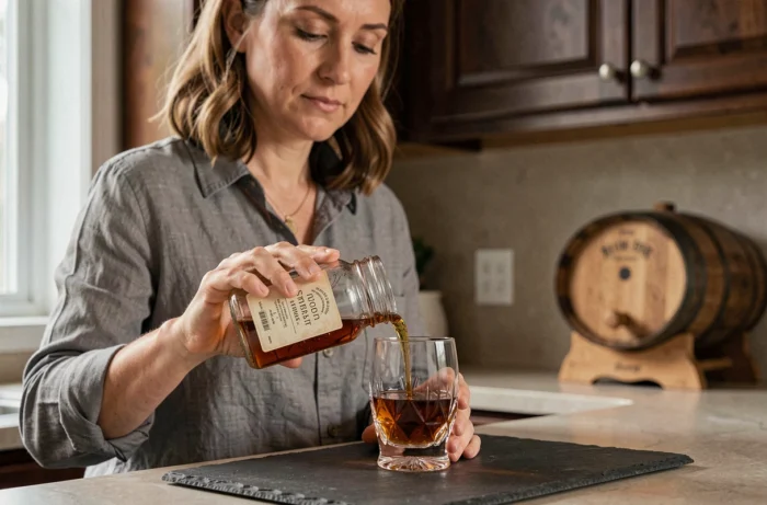 Femme versant et dégustant son whisky maison artisanal depuis un bocal en verre étiqueté à la main dans une cuisine moderne