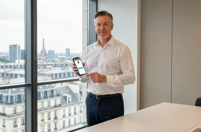 Dirigeant bancaire tenant un smartphone avec application de banque en ligne devant une vue panoramique de Paris