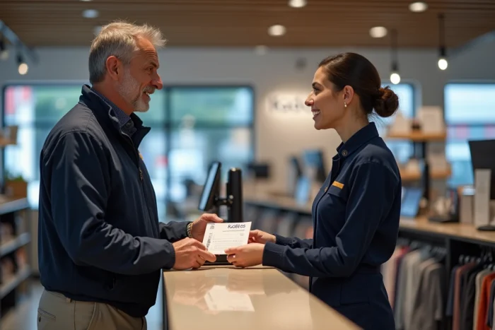 Client remettant un chèque Kadéos Infini à un conseiller en magasin pour conversion en carte