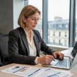 Femme économiste analysant des tendances financières sur un bureau avec rapports et graphiques boursiers dans un bureau moderne parisien