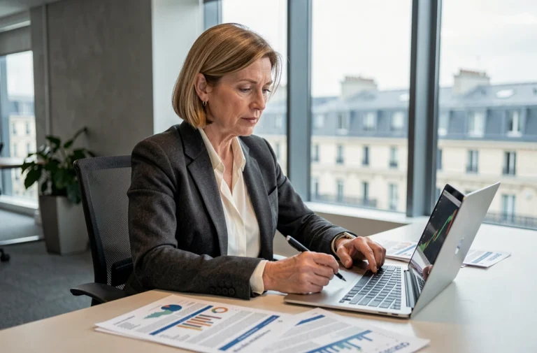 Femme économiste analysant des tendances financières sur un bureau avec rapports et graphiques boursiers dans un bureau moderne parisien
