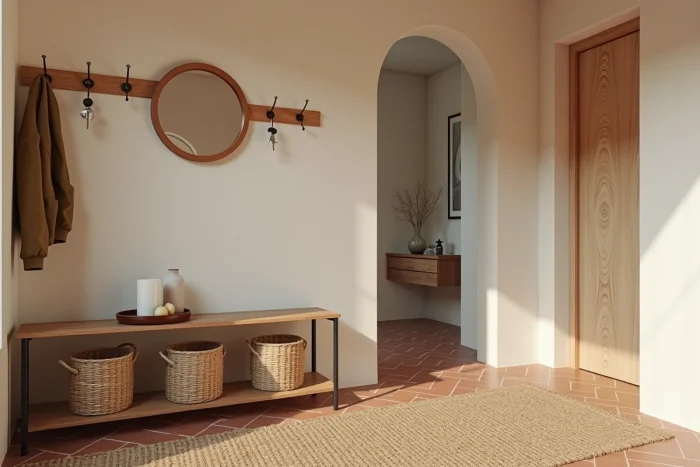 Entrée de maison organisée avec banc en bois, crochets en laiton, miroir rond et carrelage en chevron terracotta pour un intérieur accueillant