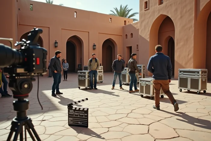Équipe de tournage sur un plateau extérieur marocain pour la série Homeland saison 8
