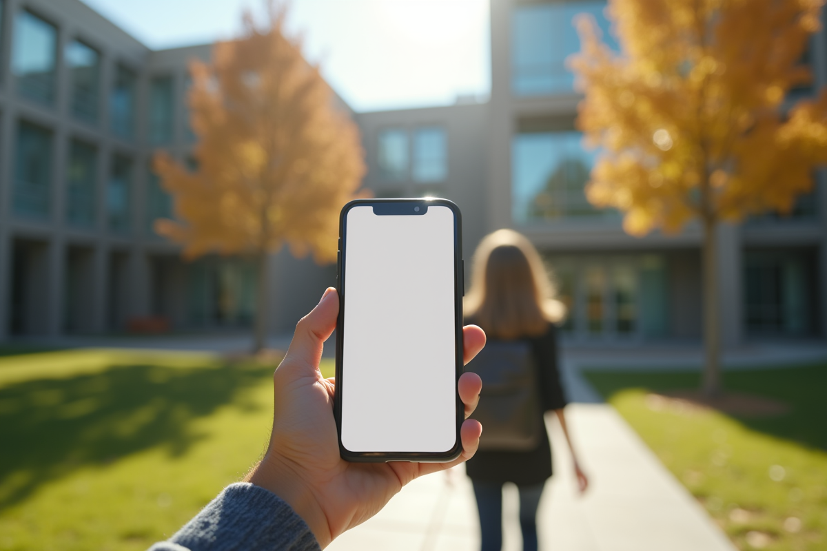 Étudiant marchant avec son téléphone sur un campus ensoleille
