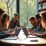 Groupe d'étudiants divers dans une bibliothèque moderne à Orléans