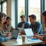 Groupe d'étudiants divers dans un lounge moderne et lumineux