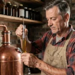 Homme mesurant la densité du whisky maison avec un hydromètre dans un atelier de distillation artisanal en brique