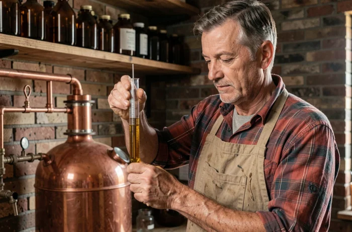 Homme mesurant la densité du whisky maison avec un hydromètre dans un atelier de distillation artisanal en brique