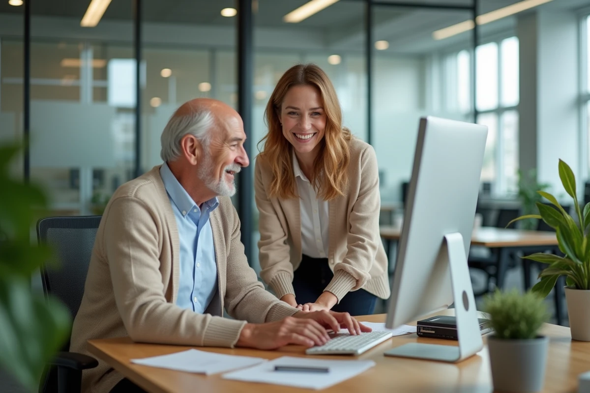Femme aide un homme âgé avec son ordinateur dans un bureau lumineux