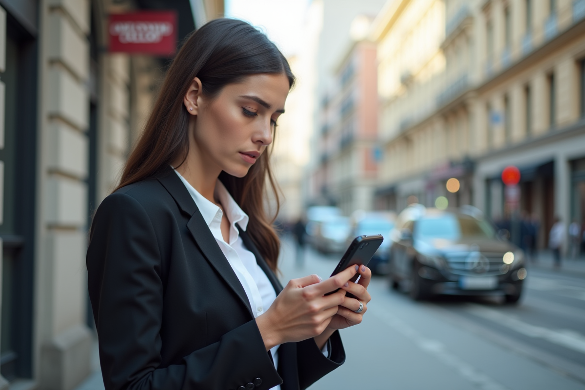 Jeune femme d affaires regardant son téléphone avec inquiétude