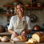 Femme française arrangeant pain et fromages sur une table en cuisine