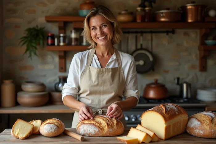 Femme française arrangeant pain et fromages sur une table en cuisine