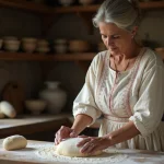 Femme bretonne en robe brodee faisant du pain traditionnel