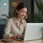Jeune femme au bureau utilisant un laptop moderne