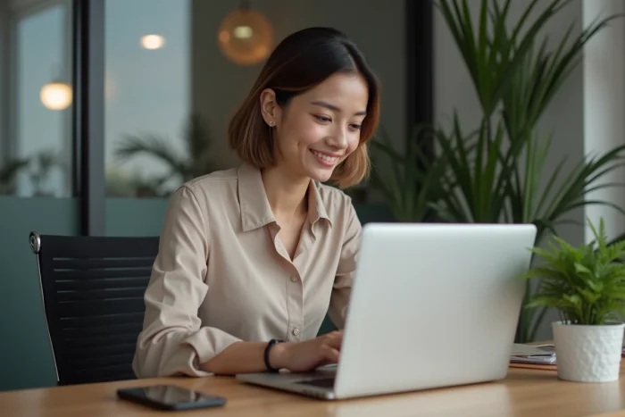 Jeune femme au bureau utilisant un laptop moderne