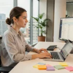 Femme professionnelle concentrée à son bureau avec outils de productivité bureautique et double écran