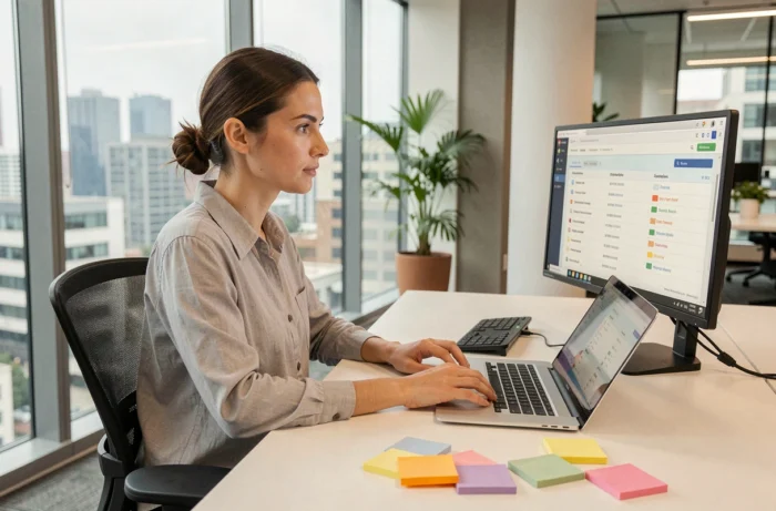 Femme professionnelle concentrée à son bureau avec outils de productivité bureautique et double écran