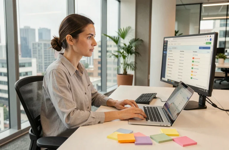 Femme professionnelle concentrée à son bureau avec outils de productivité bureautique et double écran