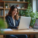 Femme d'affaires confiante travaillant sur un ordinateur dans un bureau moderne